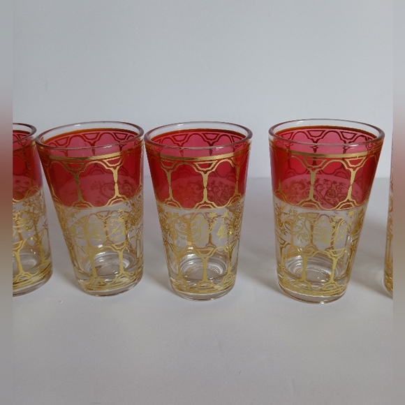Moroccan Tea / Water / Juice Glasses Cranberry Red With Gold Vine Motif - Picture 3 of 10